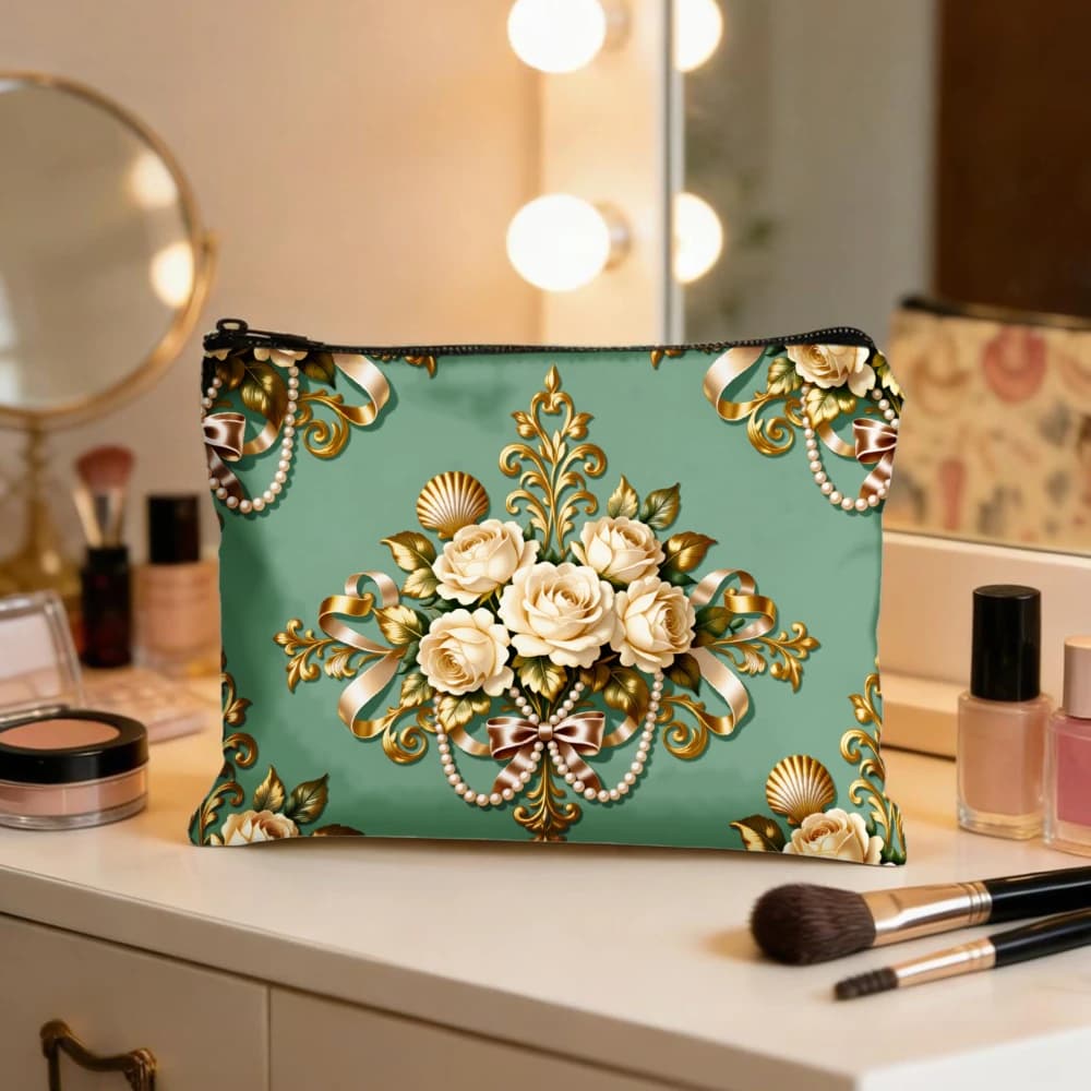 Borse per il Trucco con Motivi Floreali, Perle Dorate e Nastri, Astuccio per Cosmetici, Borsa da Toilette, Portamatite, Contenitore da Viaggio per Ragazze