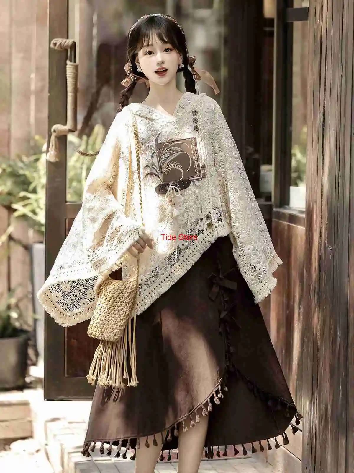 Hesui Migliorato Hanfu Quotidiano delle Donne Nuovo Stile Cinese Tuta Sportiva Top Mezza Gonna Maglione Lavorato A Maglia Primavera Autunno Han