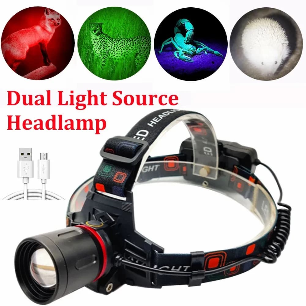 F2 Verde/Rosso/UV Lampada frontale a LED Lampada frontale zoomabile Torcia 4 modalità Faro Ricarica USB Pesca Caccia Campeggio Torcia