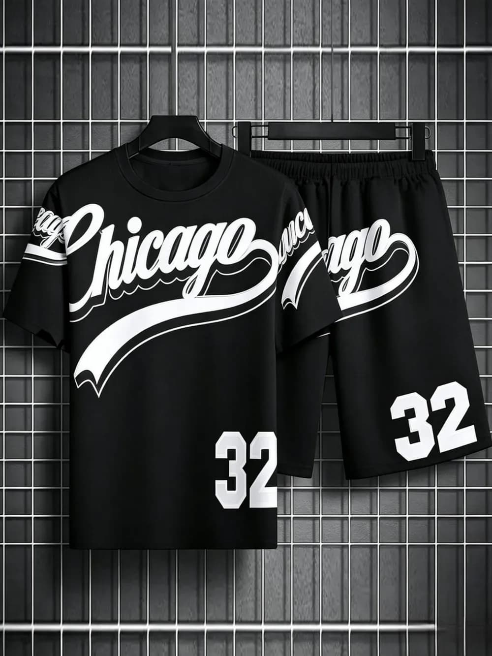 American men's summer Chicago letter print soft breathable round neck T-shirt drawstring shorts set outdoor sportswear