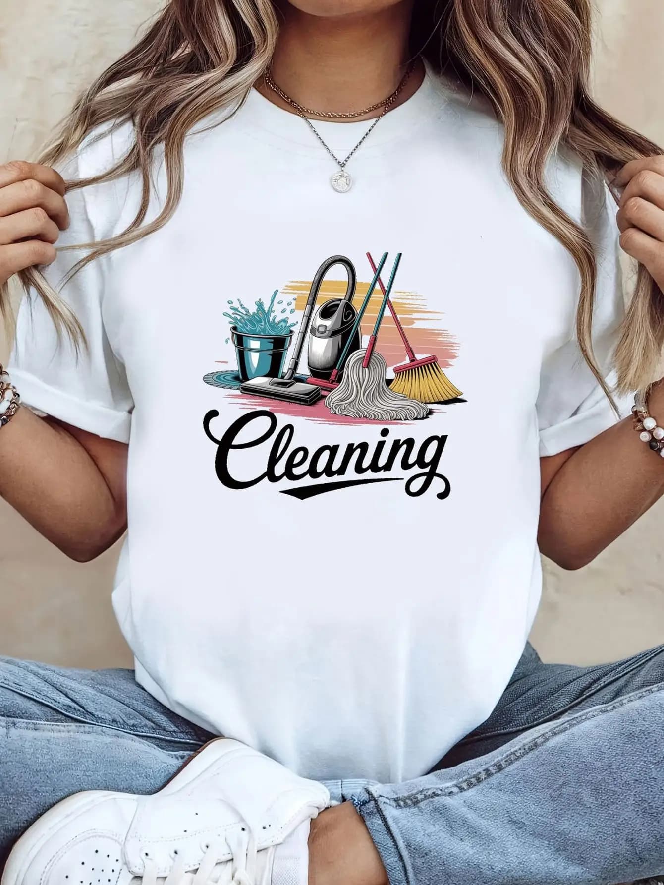 Cleaning Graphic Print Women'S T-Shirt, Short Sleeve Crew Neck Casual Top for Summer And Spring, Women'S Clothing