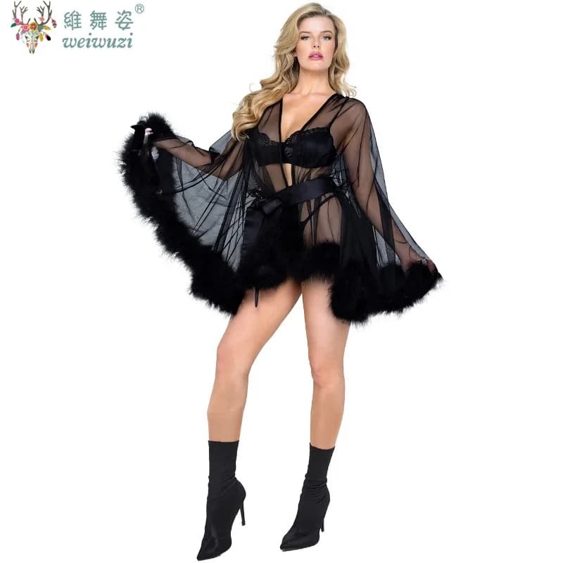 Sexy Feather Robe Large Size Seductive Mesh Perspective Sex Fur Bathrobe Passionate Waist Tightening Robe Dressing Gown Bridal