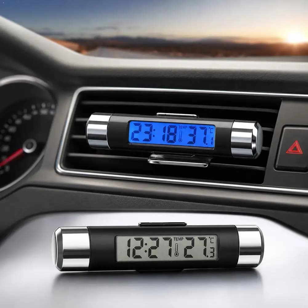 Car Air Outlet Thermometer Electronic Clock Time Led Digital Display Thermometer with Blue Back Luminous Car Supplies