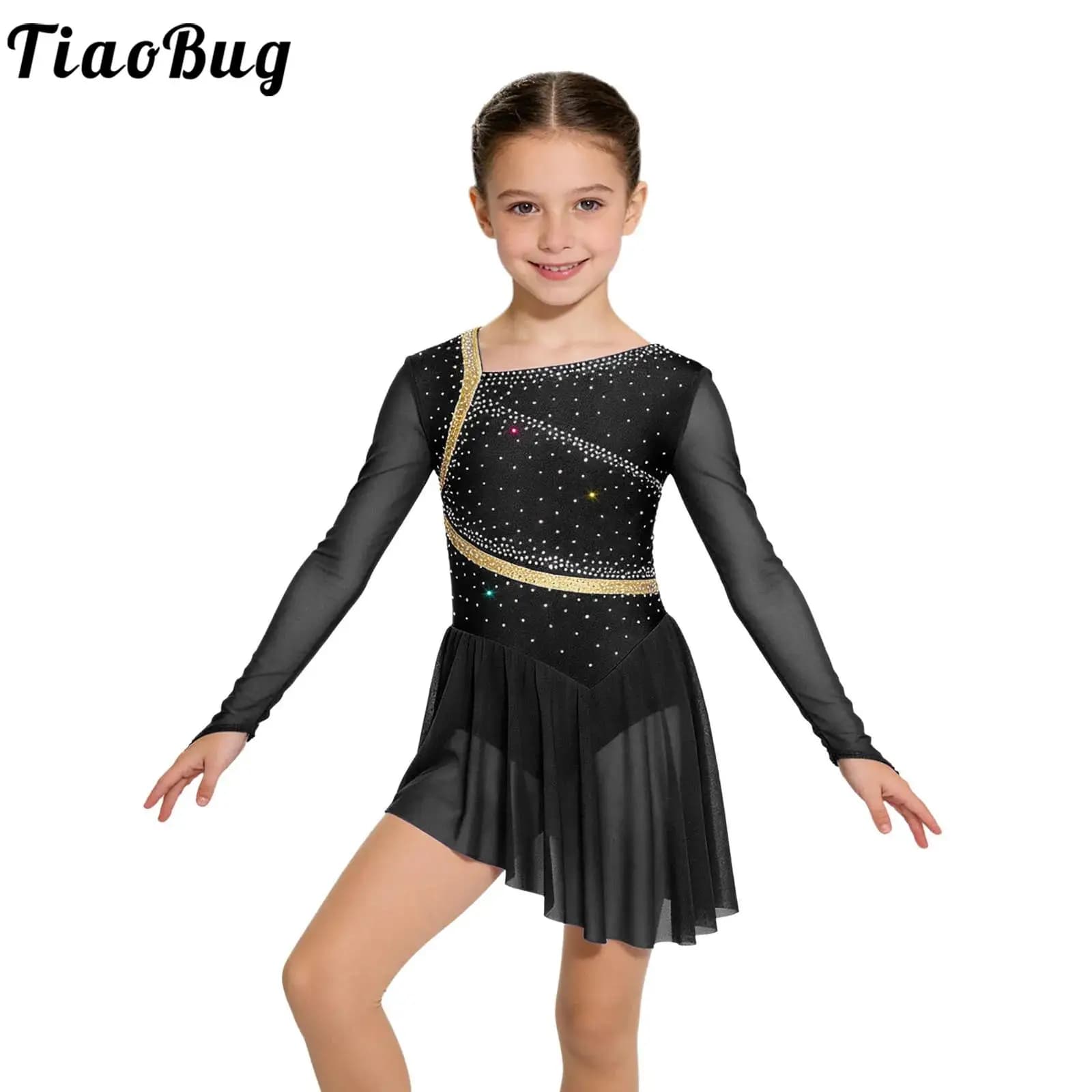 Vestito da Danza per Bambine e Ragazze, Abito da Pattinaggio Artistico, Danza Lirica e Moderna, Body con Maniche Lunghe in Rete, Schiena con Spalline e Strass