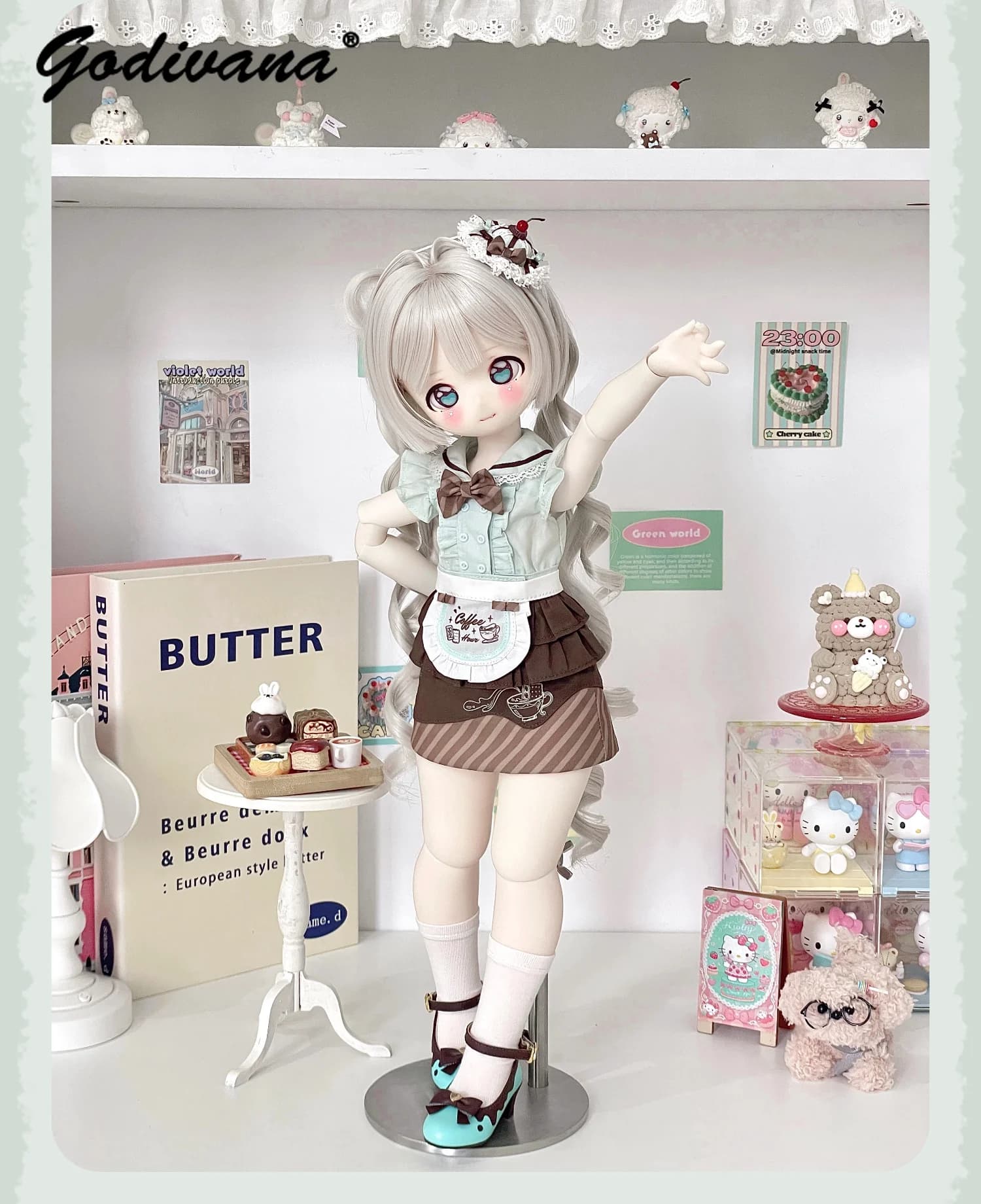 Chubby 1/4 BJD Doll Clothes Sweet Dessert Maid Outfit Cute Cafe Style Bow Blouse with Apron and Skirt Hair Decor Doll Costume