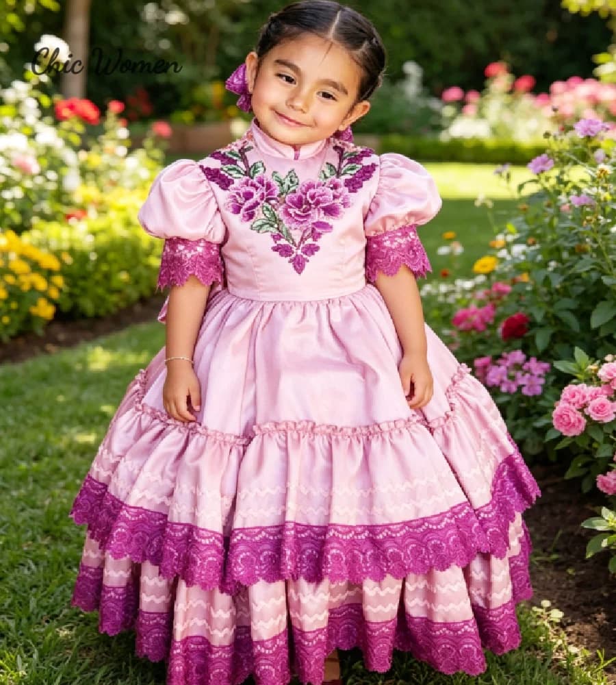 Abito Tradizionale Messicano Ricamato per Damigella con Maniche a Sbuffo, Bordo in Pizzo e Gonna a Strati in Raso - Vestito da Ballo per Bambina, Abiti di Compleanno, Escaramuza