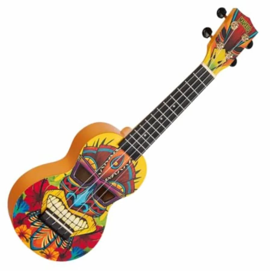 Art Series soprano ukulele for beginners and performers, mahogany body in natural wood finish with tiki motif graphic design fo