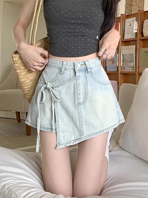 Pantaloncini in Denim Casual a Vita Alta da Donna, Moda Estiva Versatile, Gonna-Pantalone in Jeans Asimmetrica con Cintura Modellante