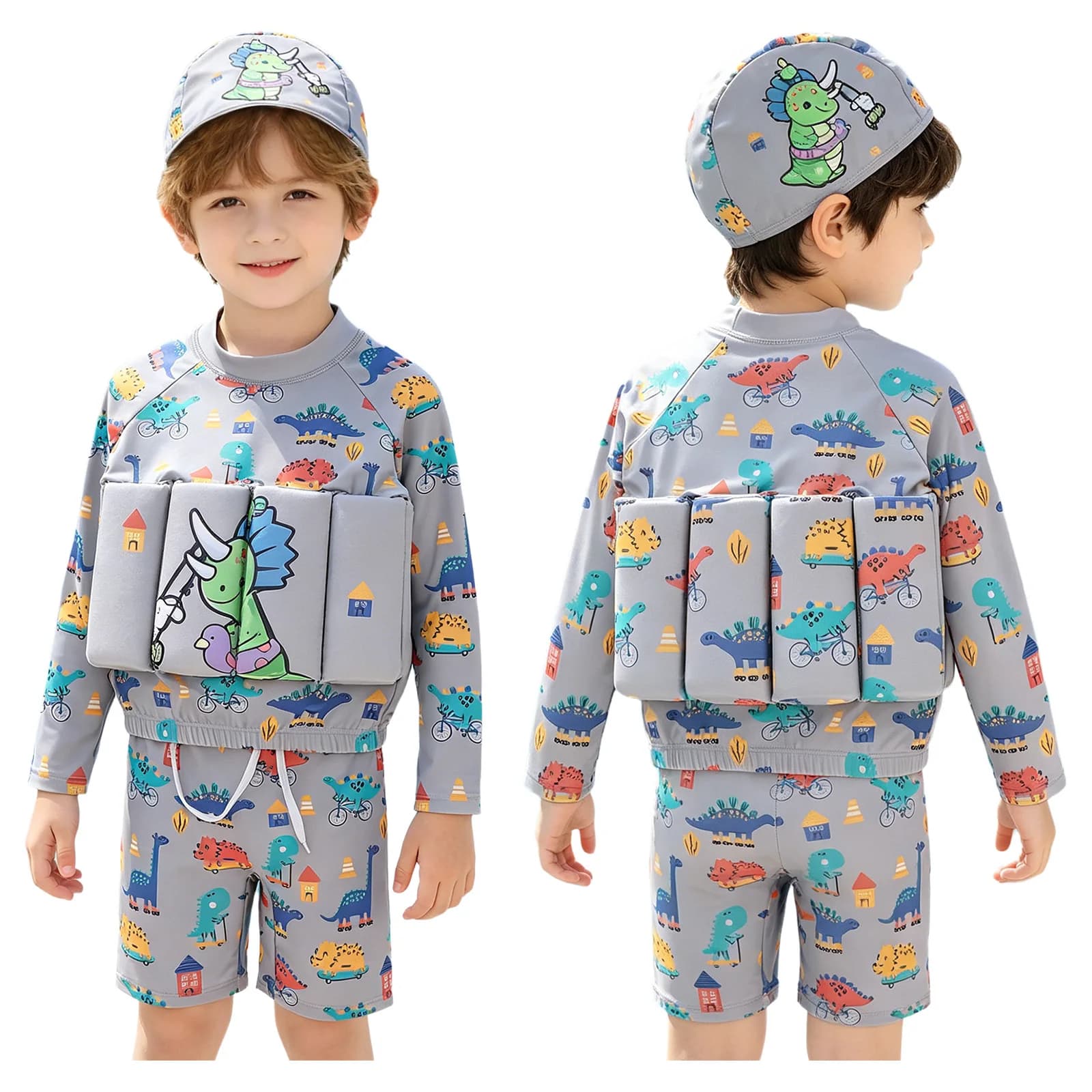 Costume da bagno per bambini con galleggiante, set completo con maglia a maniche lunghe, pantaloncini e cappello per la spiaggia e le gite in spiaggia