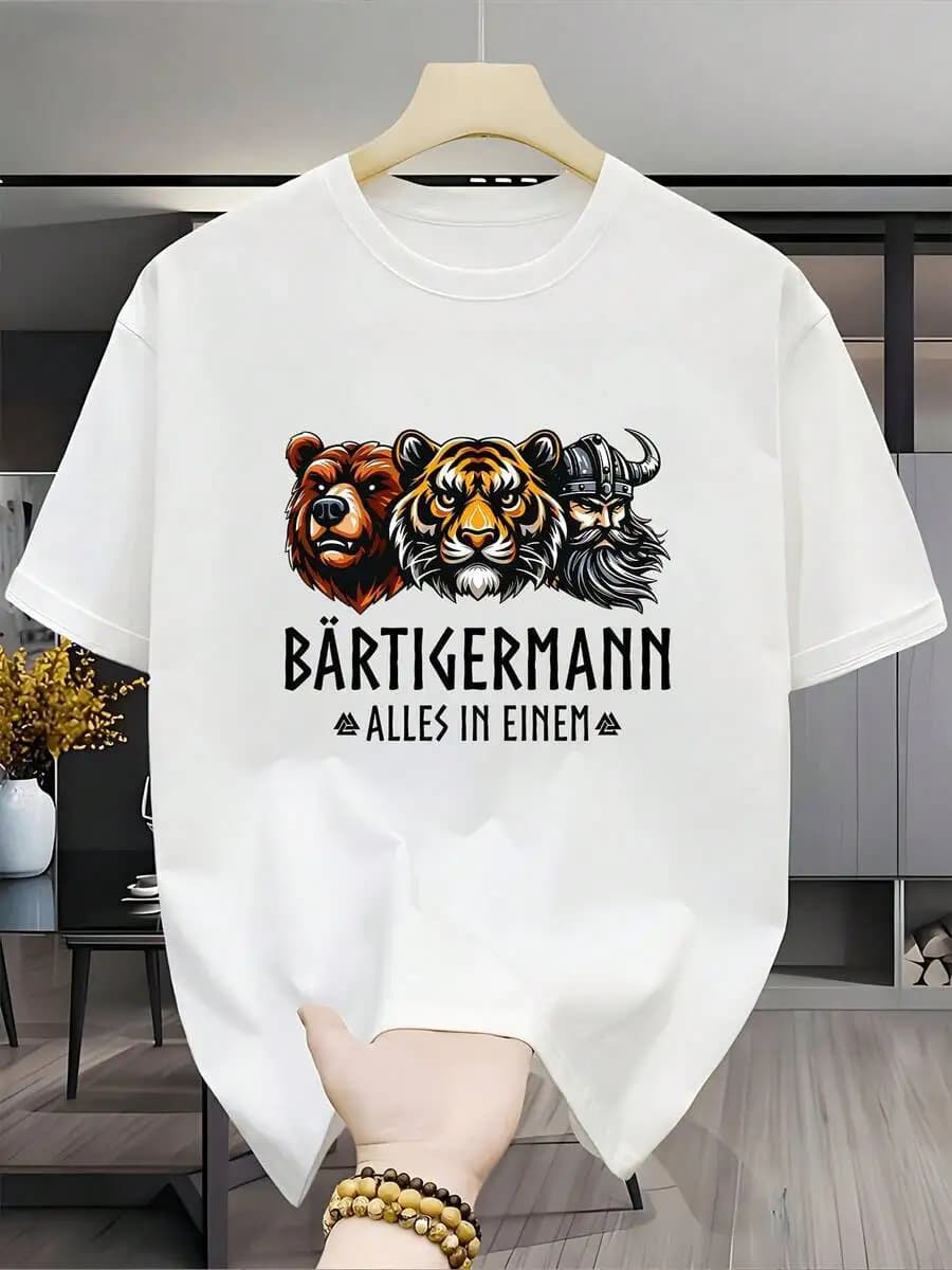 Men's Fashionable Crew Neck T-Shirt, Three-In-One Fun Print, Bear Tiger + Viking Creative Pattern, Personalized Strength Wind, A 100% Cotton Trendy Y2K Short-Sleeve Tee-Soft, Quick-Drying, Moisture-Wicking, Great Gift for Christmas or Halloween.