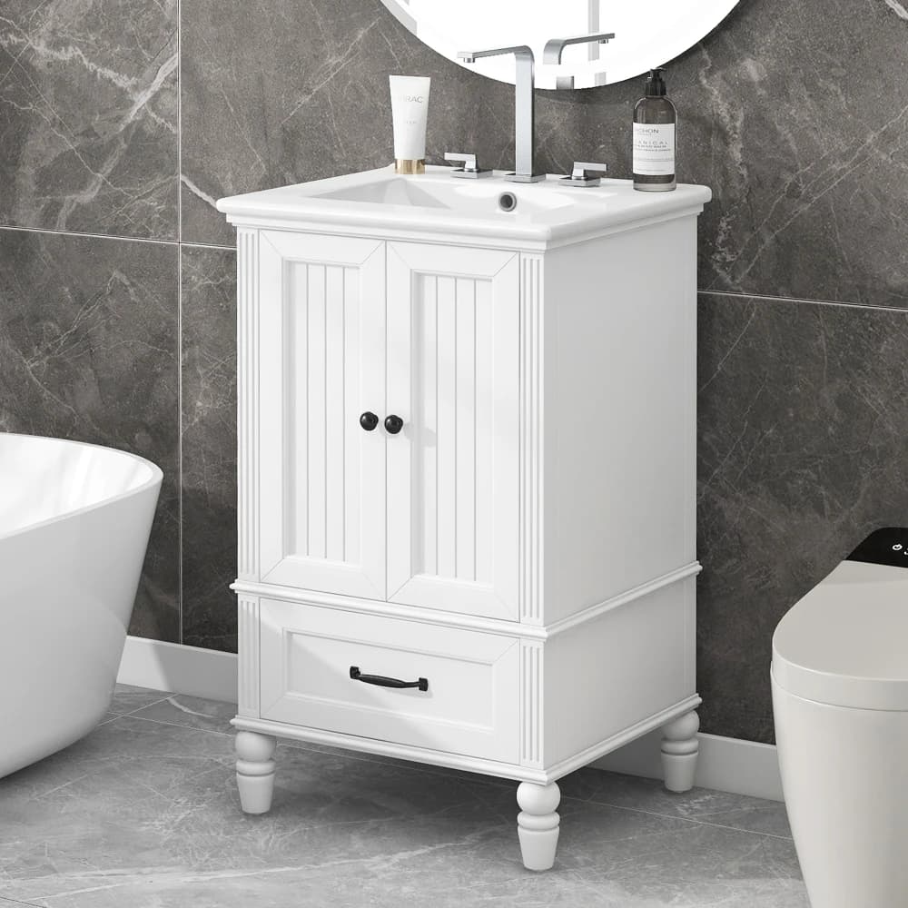 Vanity da bagno da 20" con lavabo, mobiletto da bagno con due ante, fermaporta magnetico e poggiapiedi regolabili, un cassetto, bianco