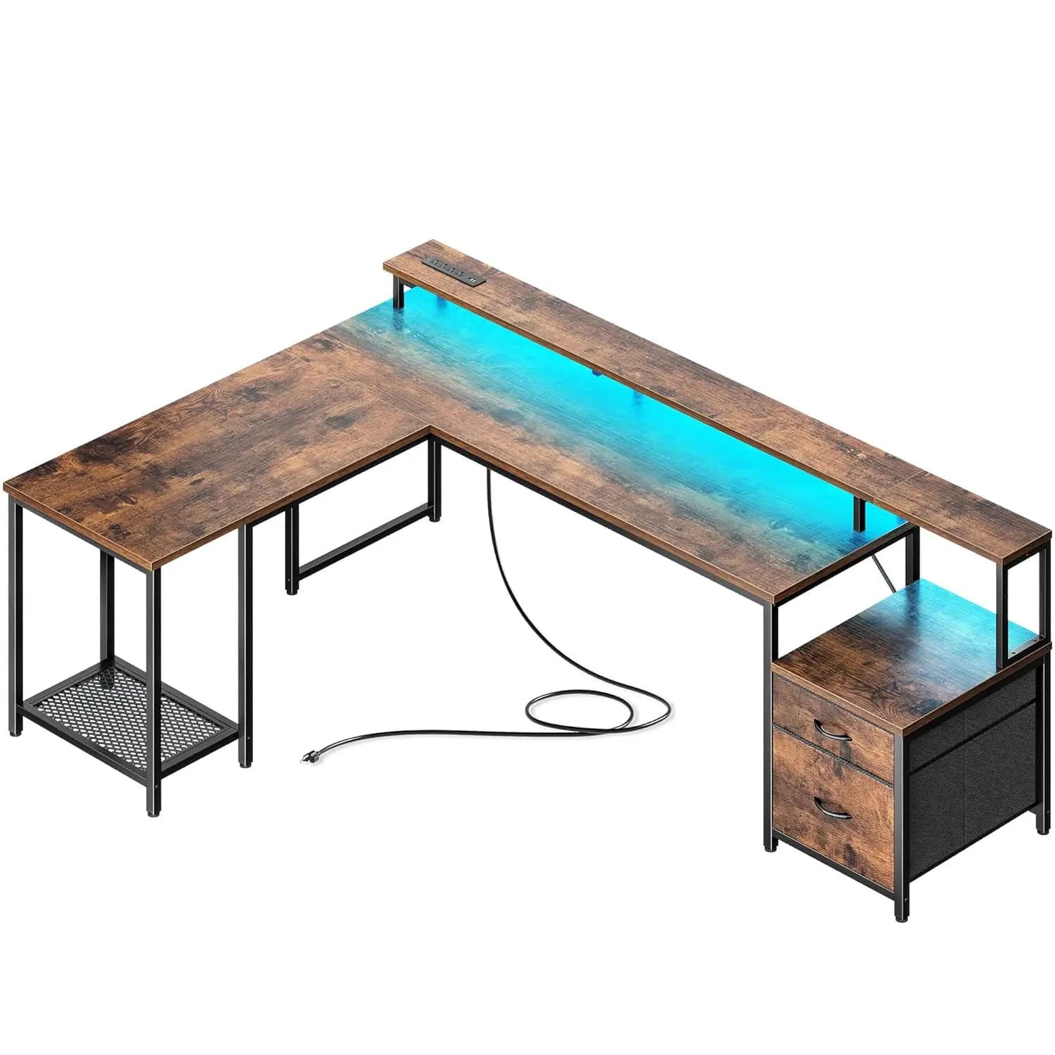 Scrivania da Gaming a L da 66 Pollici con Luci LED e Prese di Corrente, Scrivania per Computer con Cassetti in Tessuto e Supporto per Stampante, Angolare, Personalizzabile
