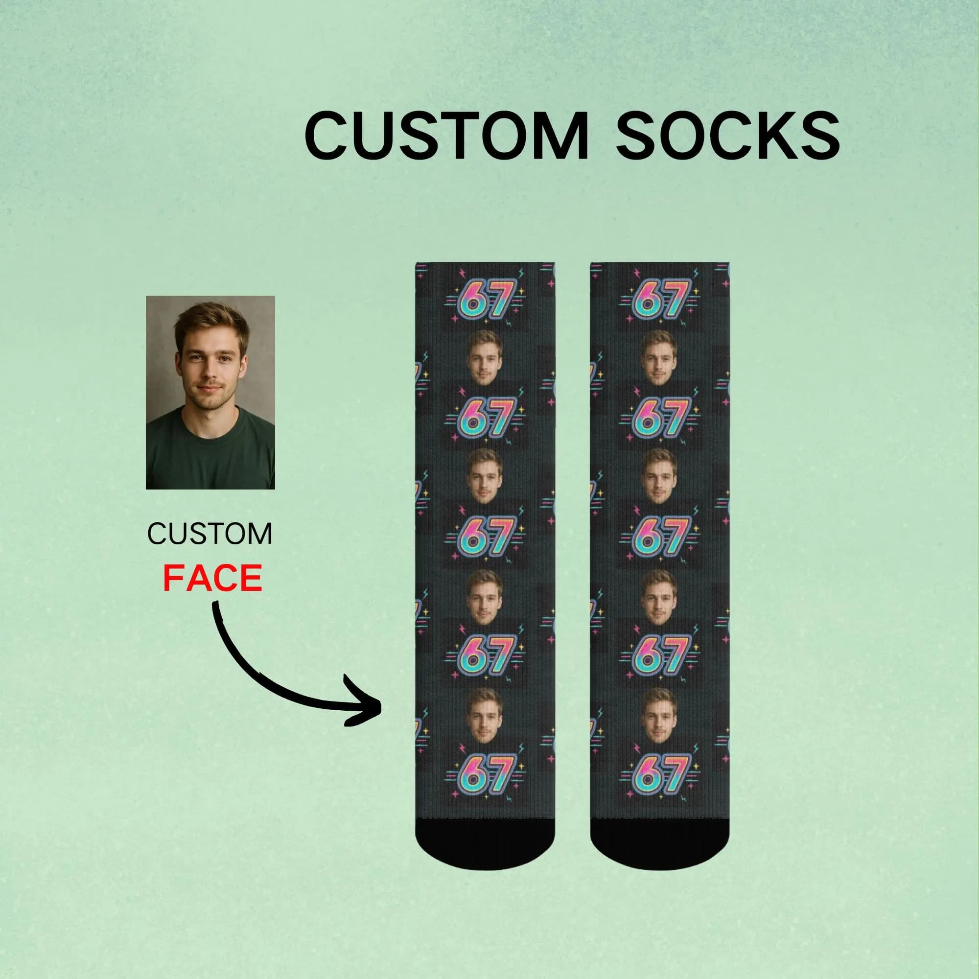 Custom Face Number 67 Socks Personalized Photo Socks Funny Gift for Men Women Couples Friends Unique Custom Printed Socks