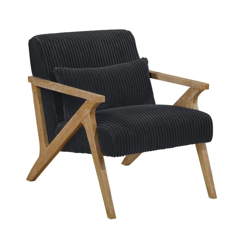 Poltrona imbottita in velluto a coste nero con cuscino in schiuma, struttura in legno massello di gomma, design moderno, 1 pezzo