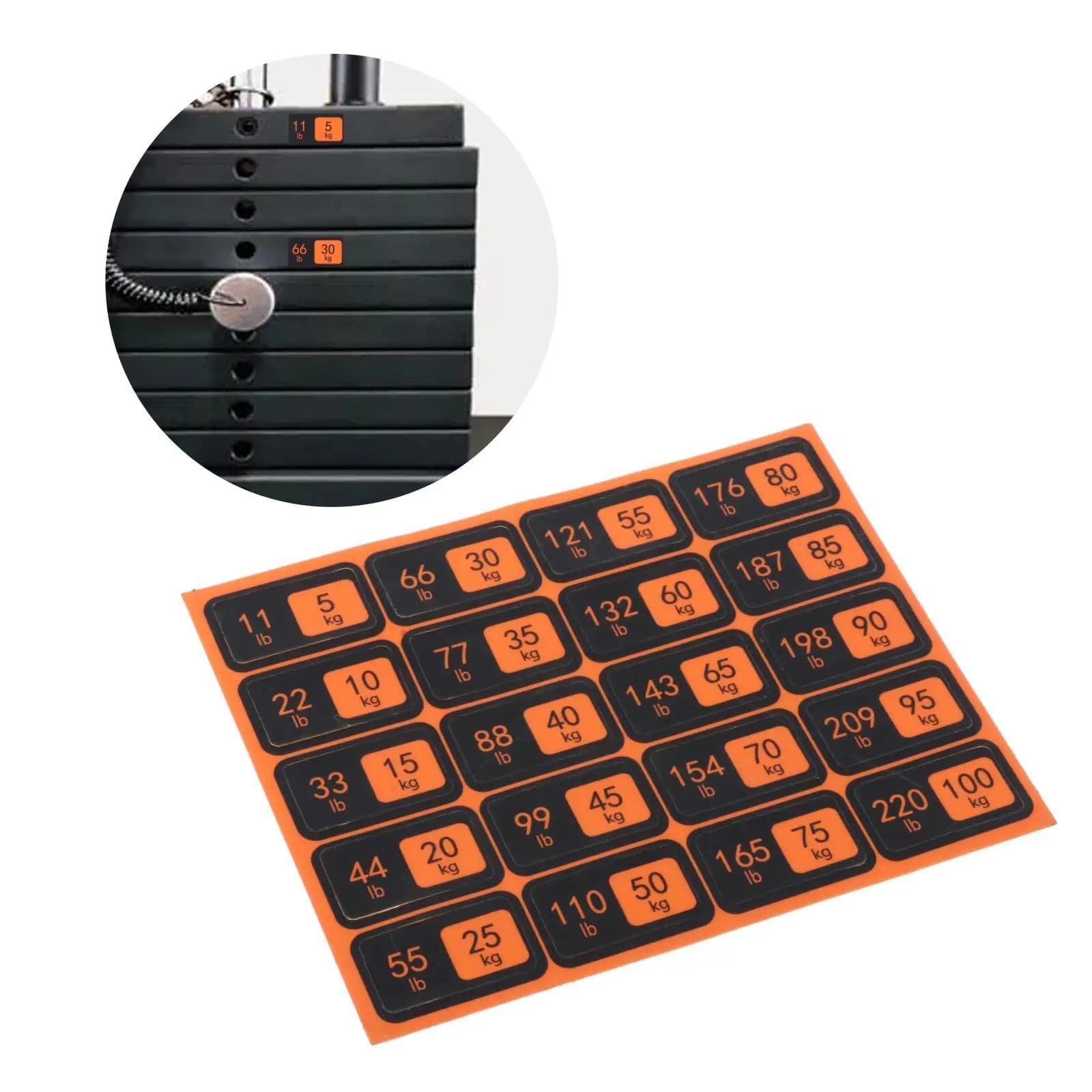 Labels for weight stack Stickers for self-adhesive weights from 5 kg to 100 kg per workout