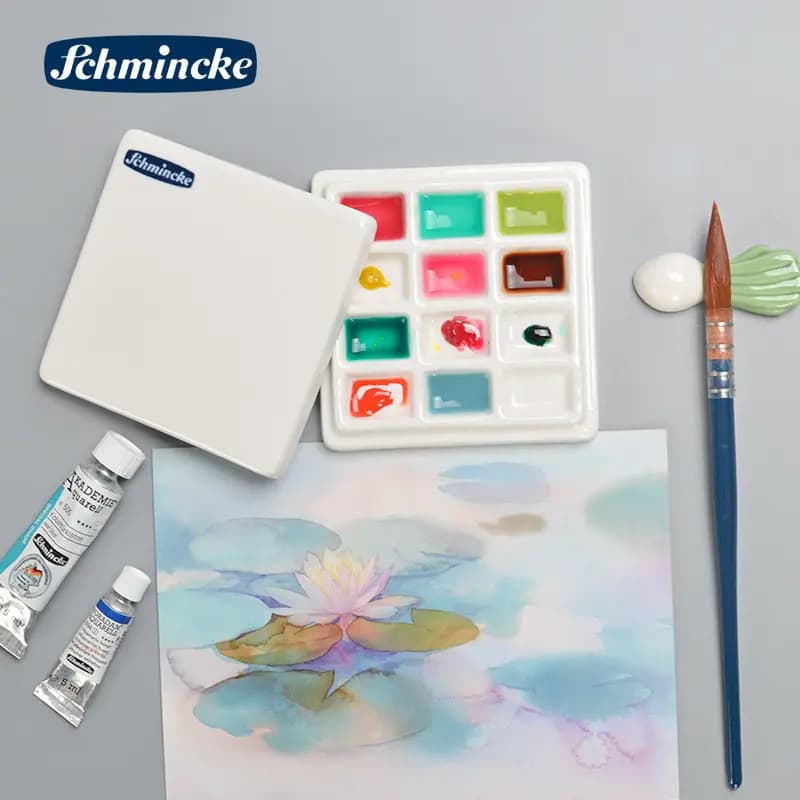 German Schmincke Professional 12 Grid Ceramic Color Palette, Ceramic Cover, Use for Acrylic, Watercolor, Gouache, Pigment Palett