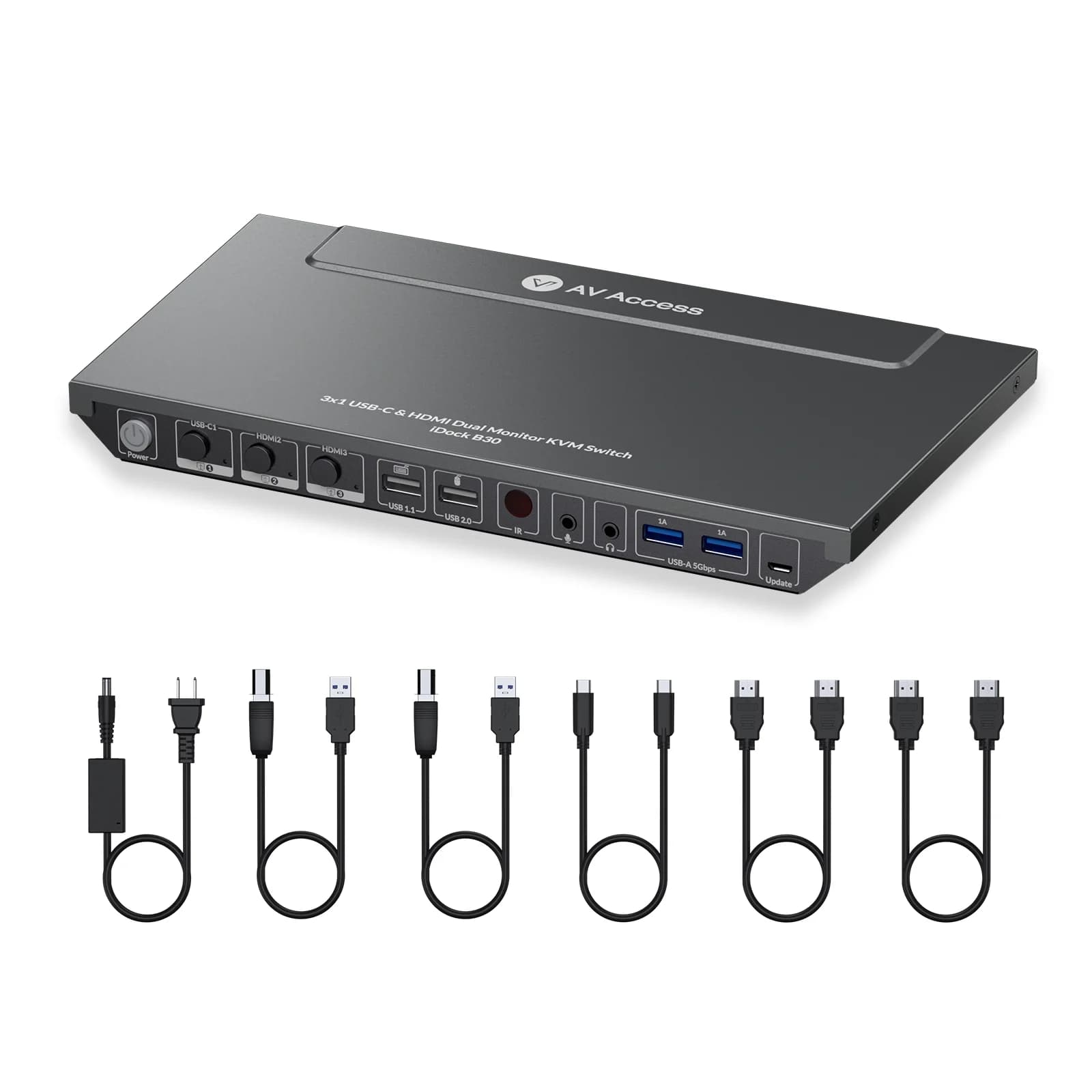 Switch KVM di accesso AV per 3 PC, 2 desktop Docking station per monitor doppio 4K, ricarica di tipo C da 65 W per laptop USB-C (iDock-B30)