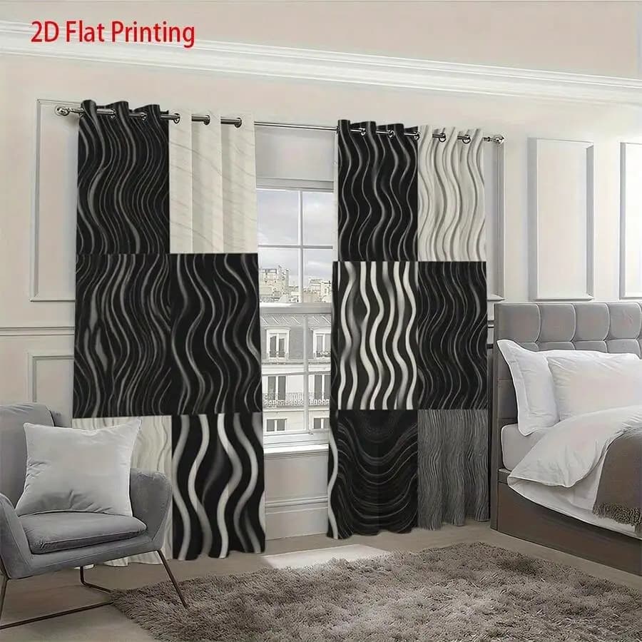 2pcs Black And White Wavy Pattern Semi-Transparent Curtains With Grommet Top For Living Room Bedroom