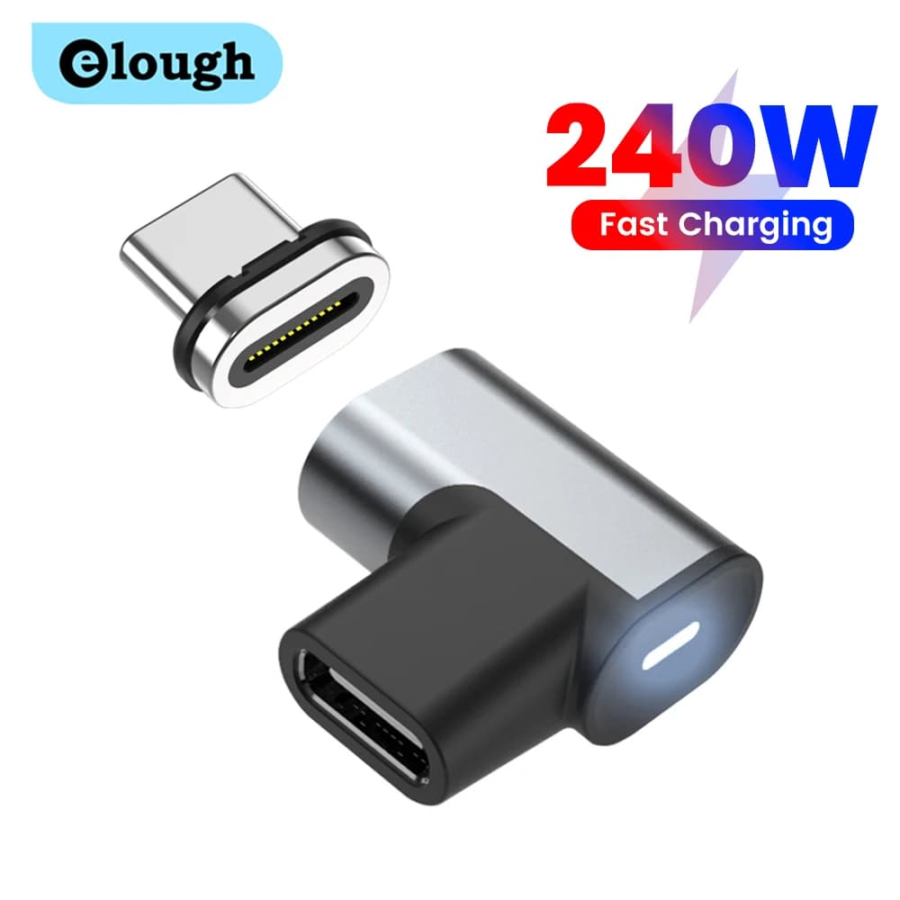 Elough 240W Type C Female to Type C Male Magnetic Adapter 90 Degree Elbow 24 Pin 40Gbps Connector USB3.1 8K for Laptop Tablet