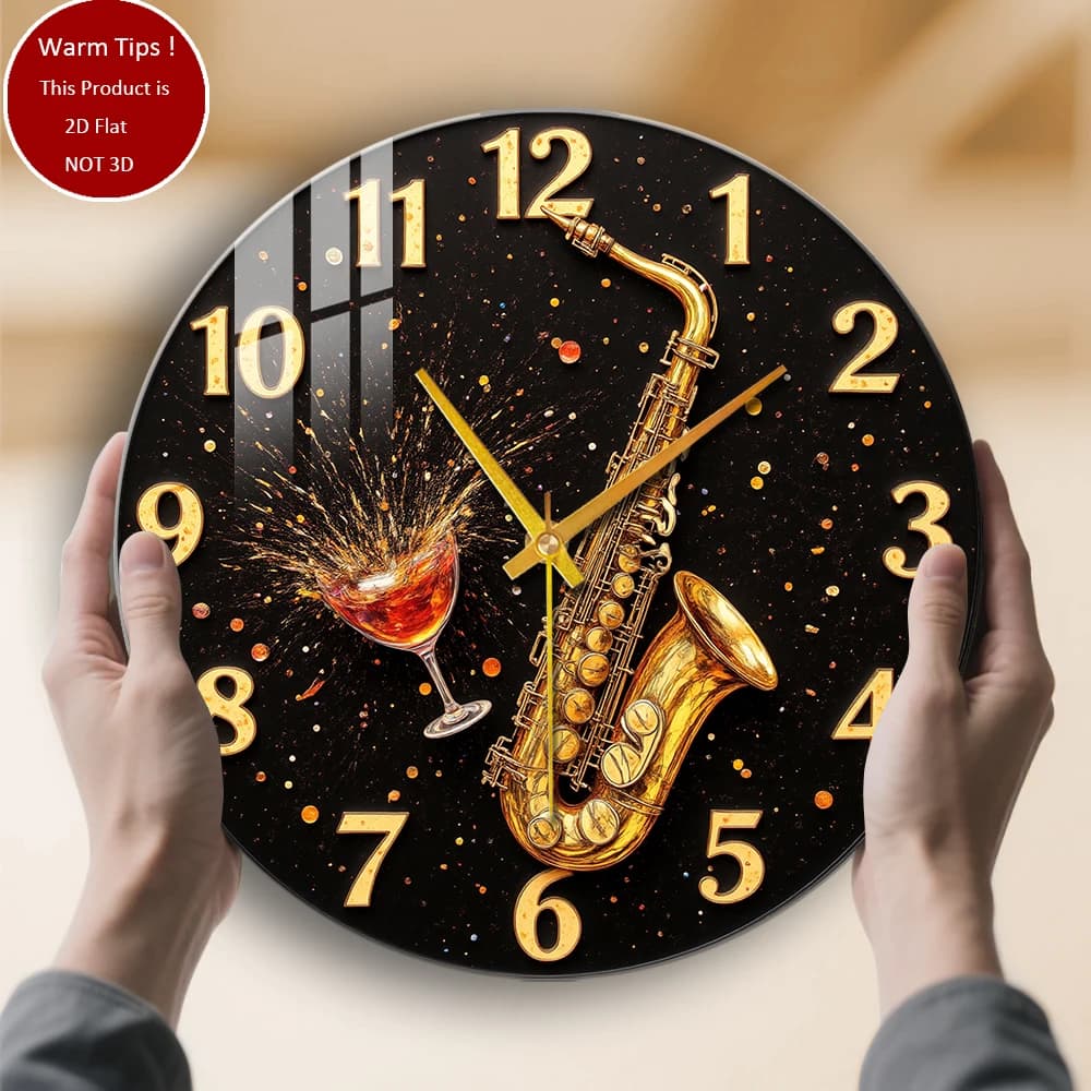 Tempered Glass Wall Clock Wine Glass Saxophone Clock Suitable for wall decorations or table displays anywhere