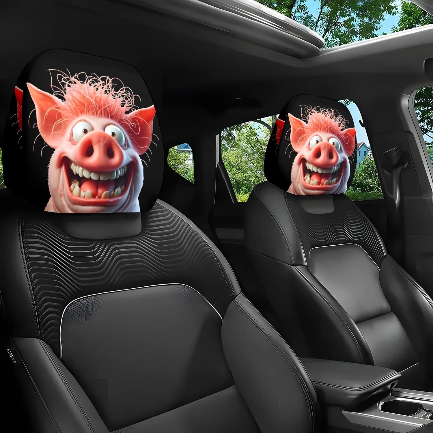 2 Pezzi Divertenti Coprisedili e Copri Poggiatesta per Auto con Stampa a Tema Cartone Animato - Con Espressioni Esagerate - Presenta un Design Carino