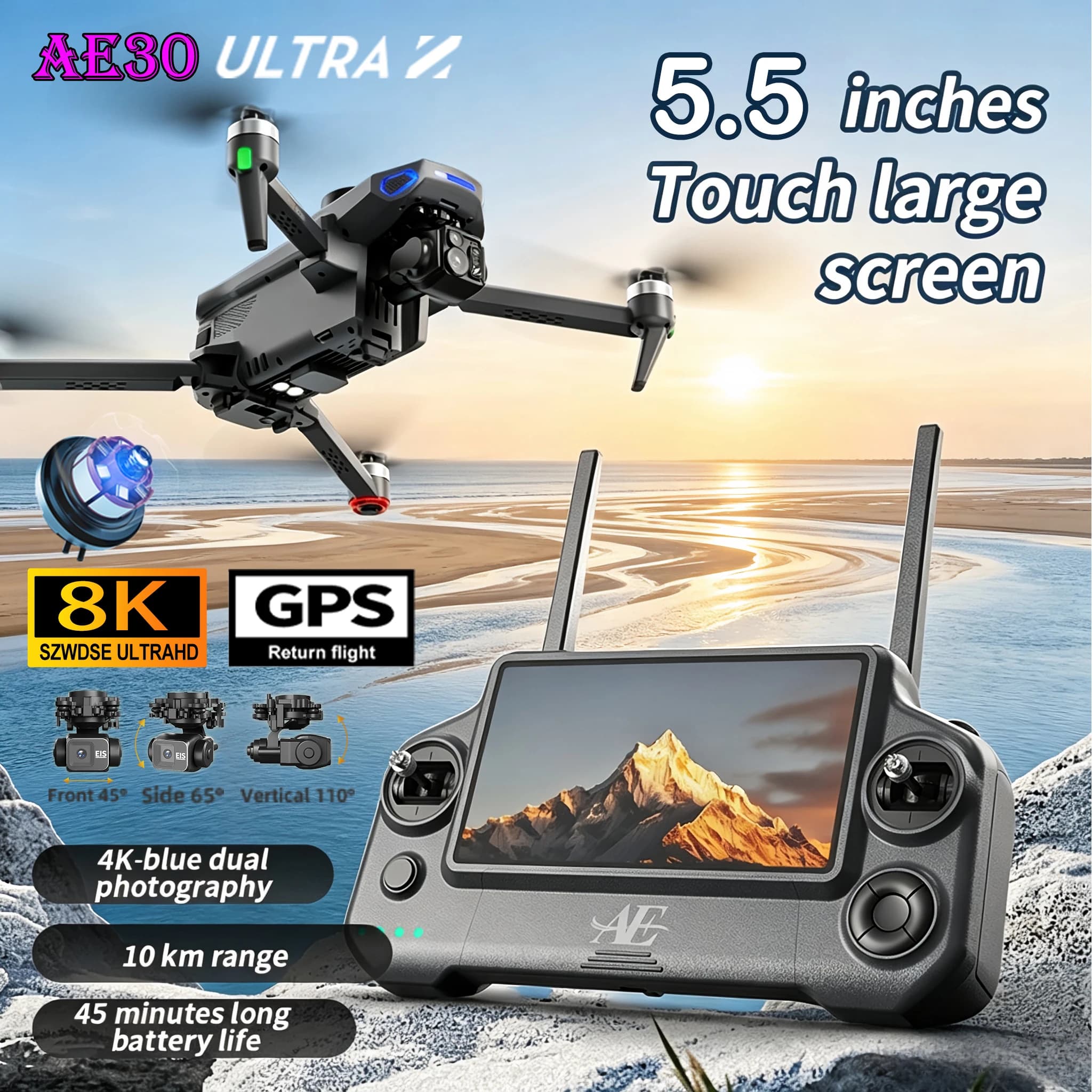 NEW AE30 Ultra GPS Drone 4K Profesional HD Camera 3-Axis Gimbal Brushles Airdrop RC Quadcopter 5.5inch Screen Control Fishing