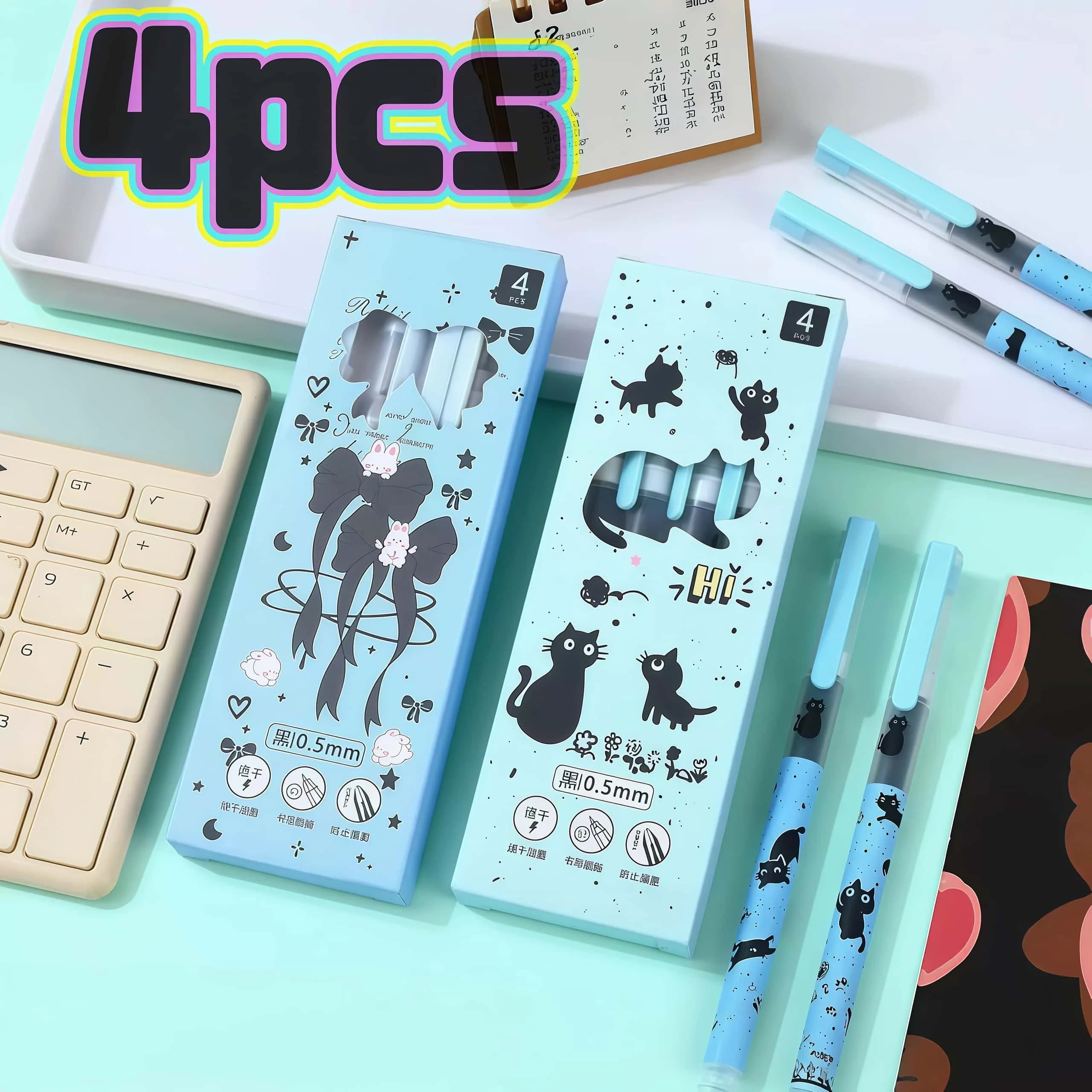 4Pcs Cute Black Cat Gel Pen Set, Light Blue Quick Dry 0.5mm Black Ink Straight Pens for Journal Office Stationery Gift Box