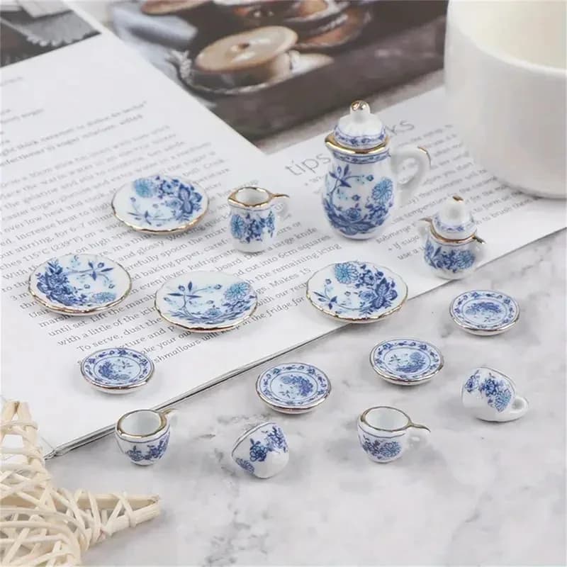 15 pz/set set da tè in porcellana bianca in miniatura vintage pentola tazza piatto stoviglie casa delle bambole modello camera articoli arredamento mobili