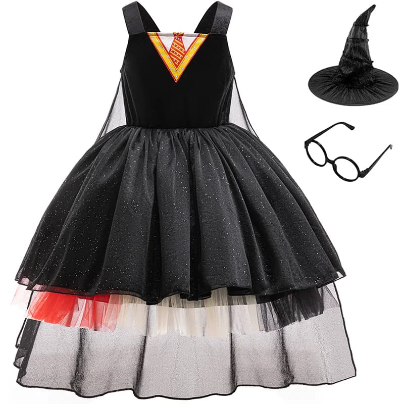 Costume cosplay da ragazza Magic Bad Witch Abito in tulle nero con occhiali da mago per bambini Vestito da carnevale per feste di Halloween