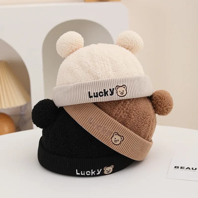 Cappello Invernale Senza Visiera per Bambini e Bambine, Berretto Caldo con Pompon in Peluche, Cappello Melon per Bambini in Spessa Lana d'Agnello, Cappello da Fattore per Bambini 2-10 Anni