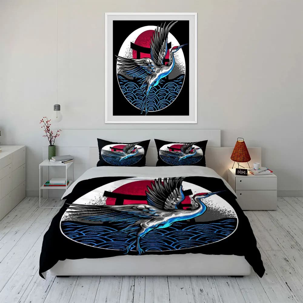 Set di biancheria da letto con decorazioni giapponesi Crane, con 1 copripiumino e 2 federe, singolo, matrimoniale, king, queen, regalo