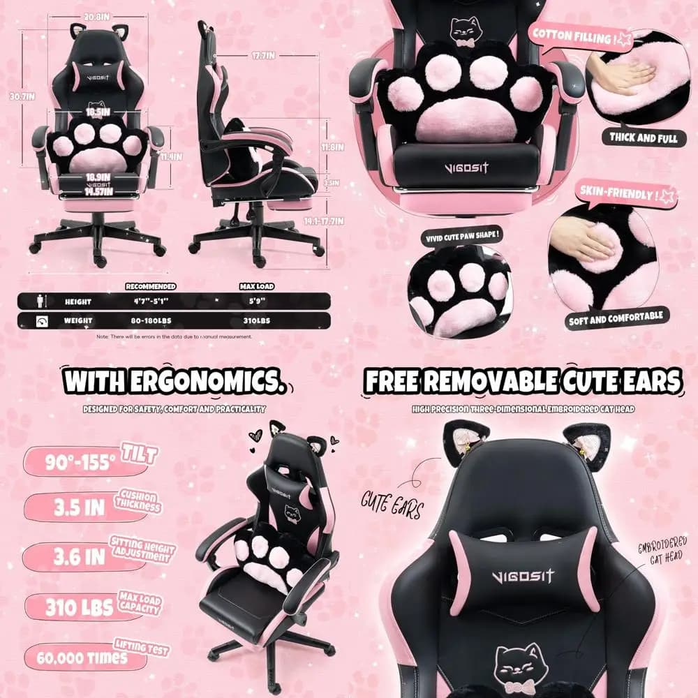 Sedia da gioco ergonomica con poggiapiedi, design simpatico orecchie di gatto, comoda sedia da scrivania per donne, ideale per giocatori e uso in ufficio