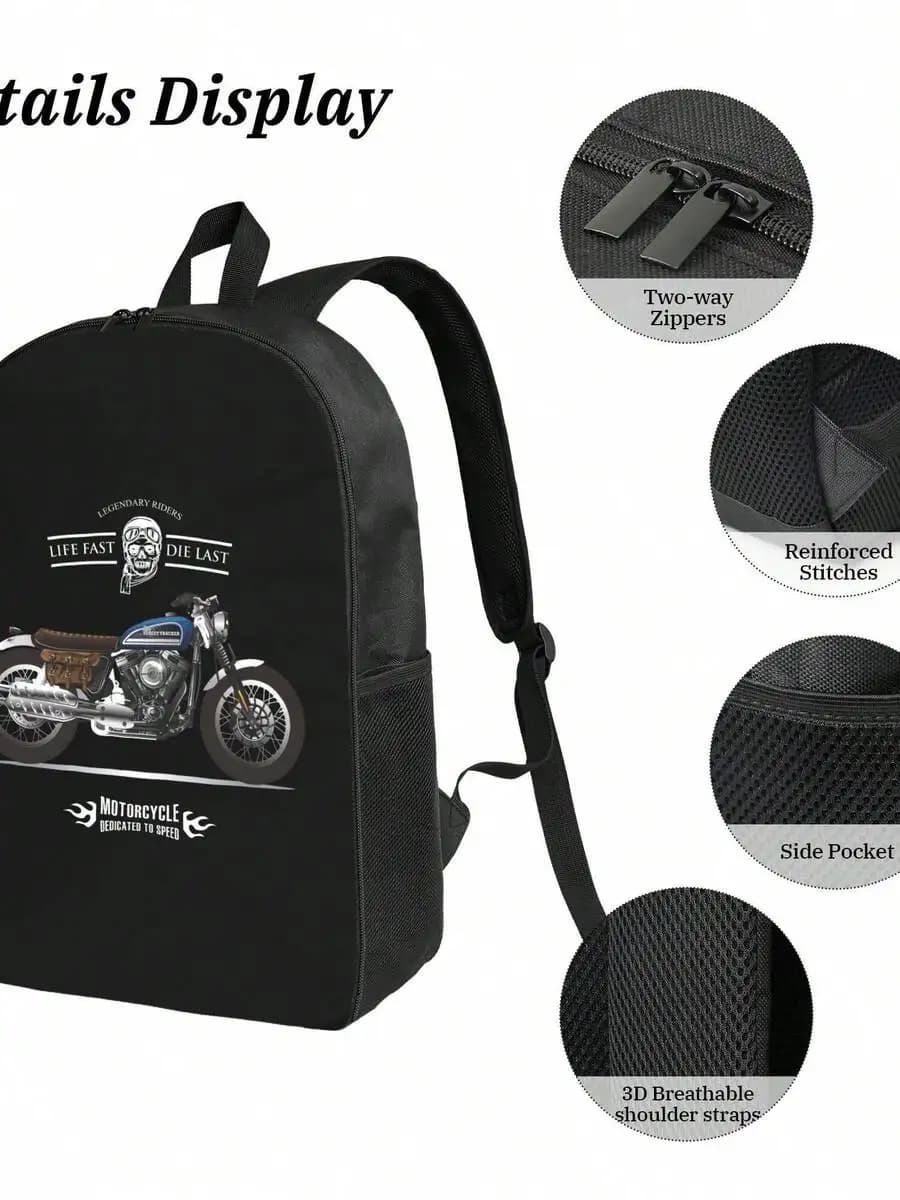 Motorcycle Print Backpack For Men Women Stylish Durable Waterproof Casual School Travel Bag Large Capacity Lightweight