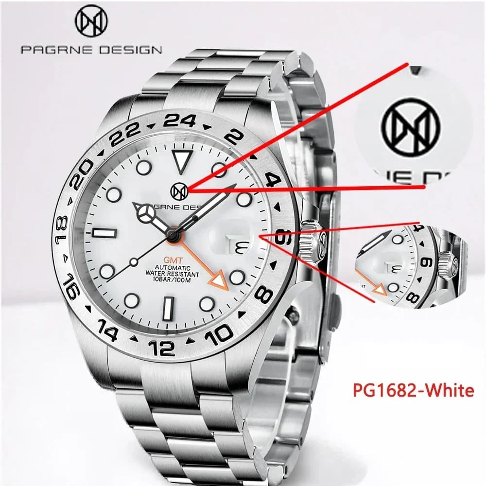 PARANE DESIGN Men's Mechanical Wristwatch Business Travel GMT Watches Sapphire stainless steel watch reloj hombre PG1682