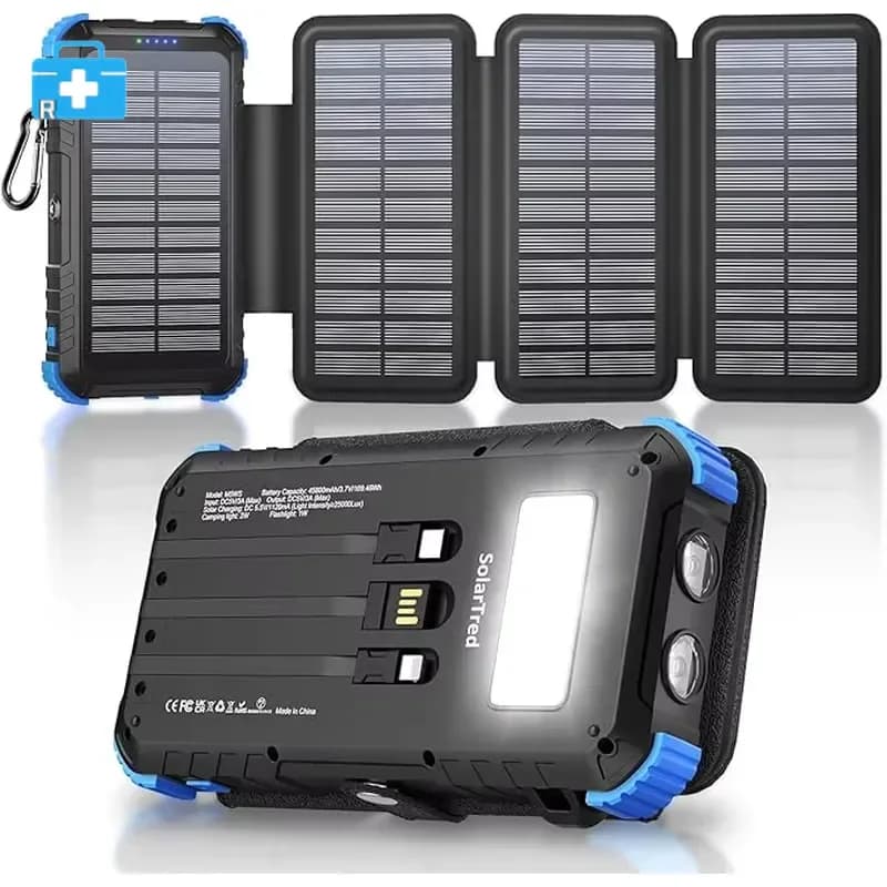 pack of 2，Solar mobile power supply 2000mAh 4 panels, waterproof ABS material, high capacity, portable, built-in 3 cables 15W