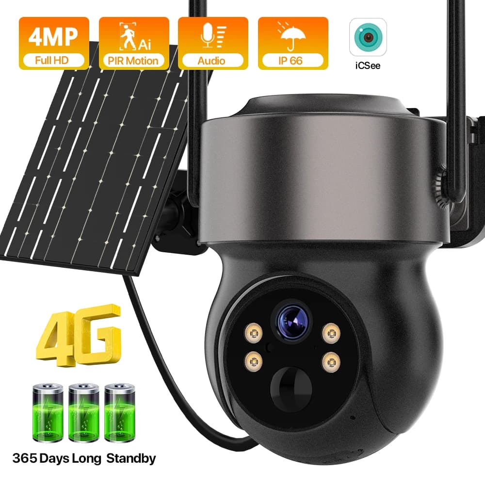 4MP 4G SIM solar powered wireless security with solar panel PIR Human detection Video surveillance iCSee CCTV