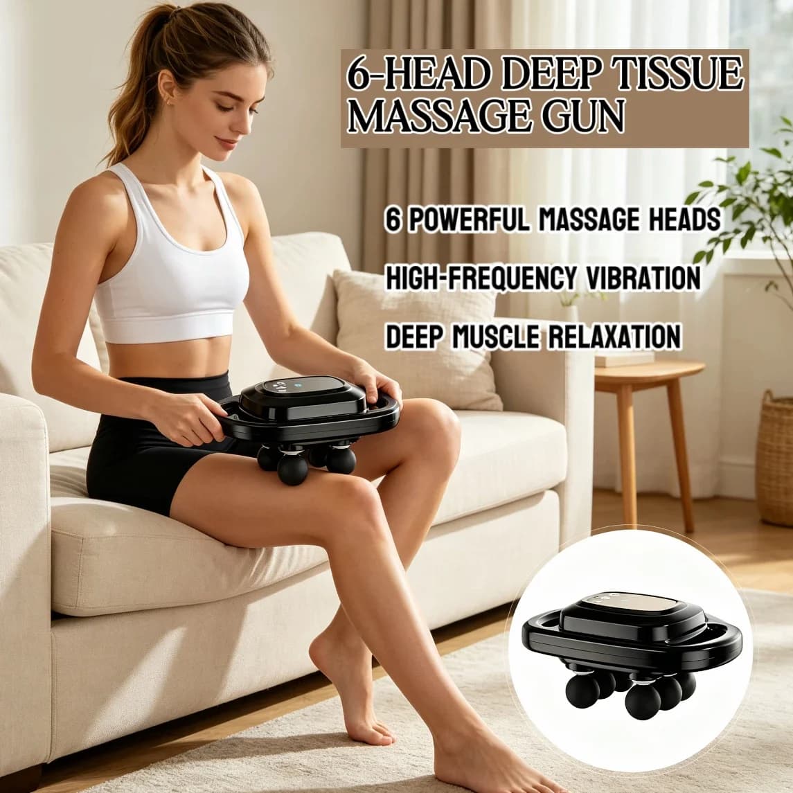 Home Use 6‑Head Deep Tissue Fascia Massager High‑Frequency Vibration Electric Massage Gun for Back Leg Shoulder Muscle Soreness