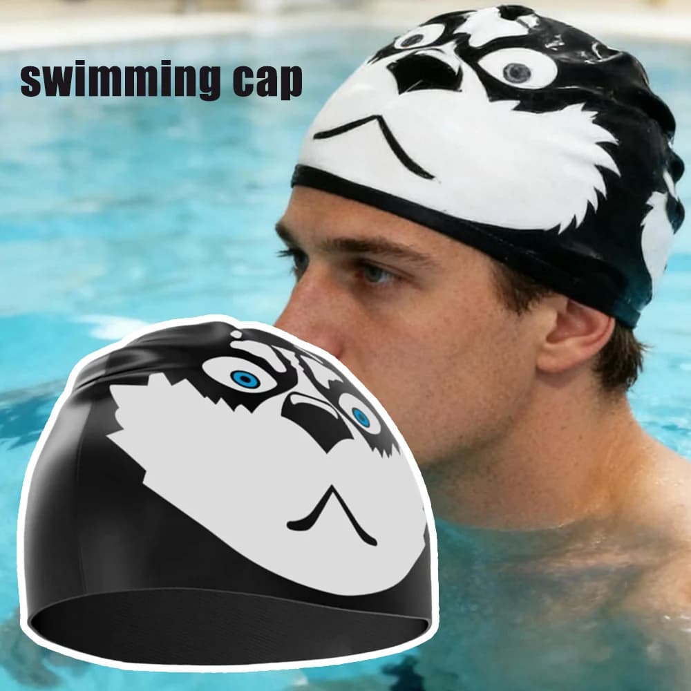 Funny Dog Husky Silicone Swim Cap High Stretch Swimming Cap for Adult Women Men Training Pool Large Size No Headache
