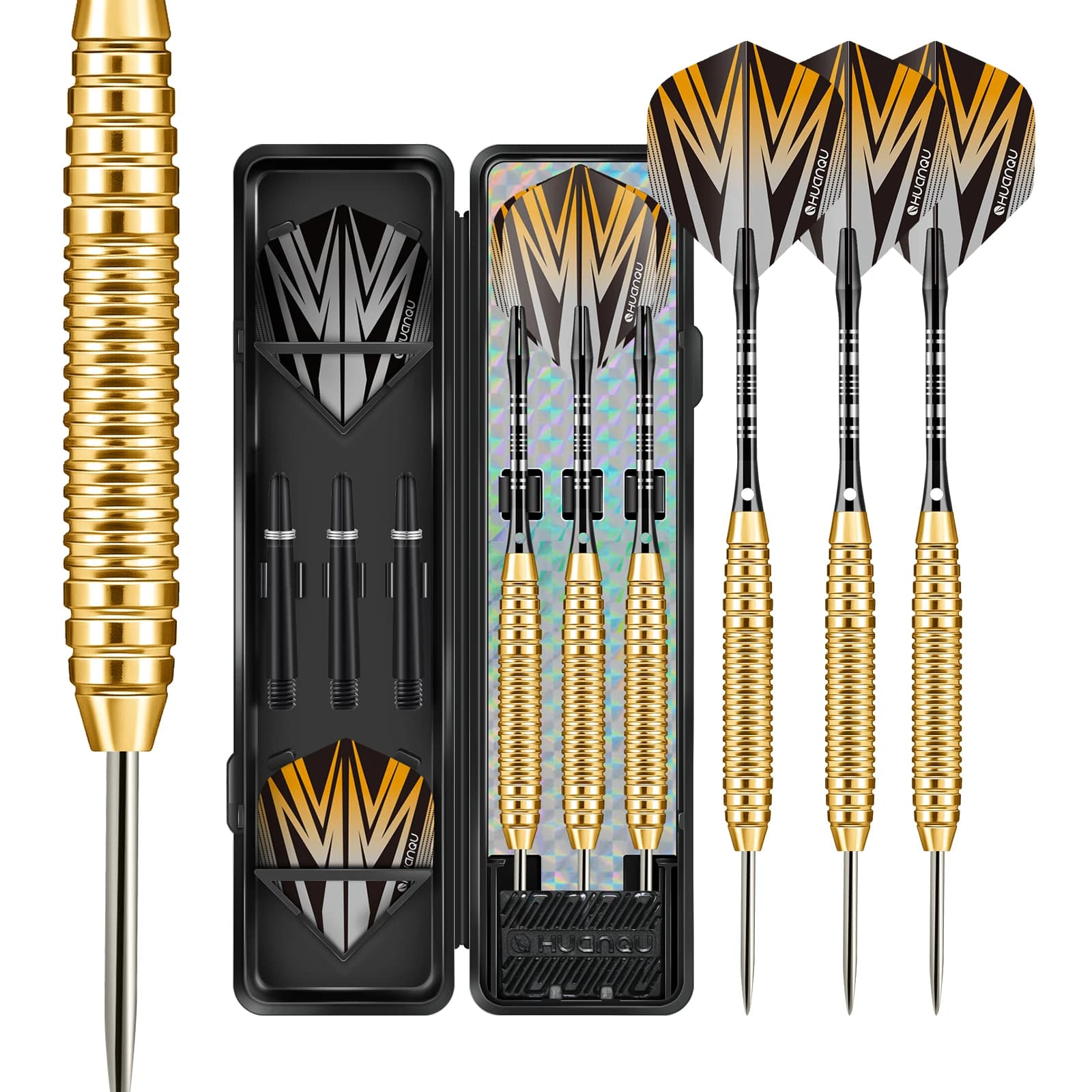19g Steel Tip Darts Set 3pcs Black Gold Metal Darts Non Slip Grip Barrel Replacement Flights Shafts Case for Dartboard Game
