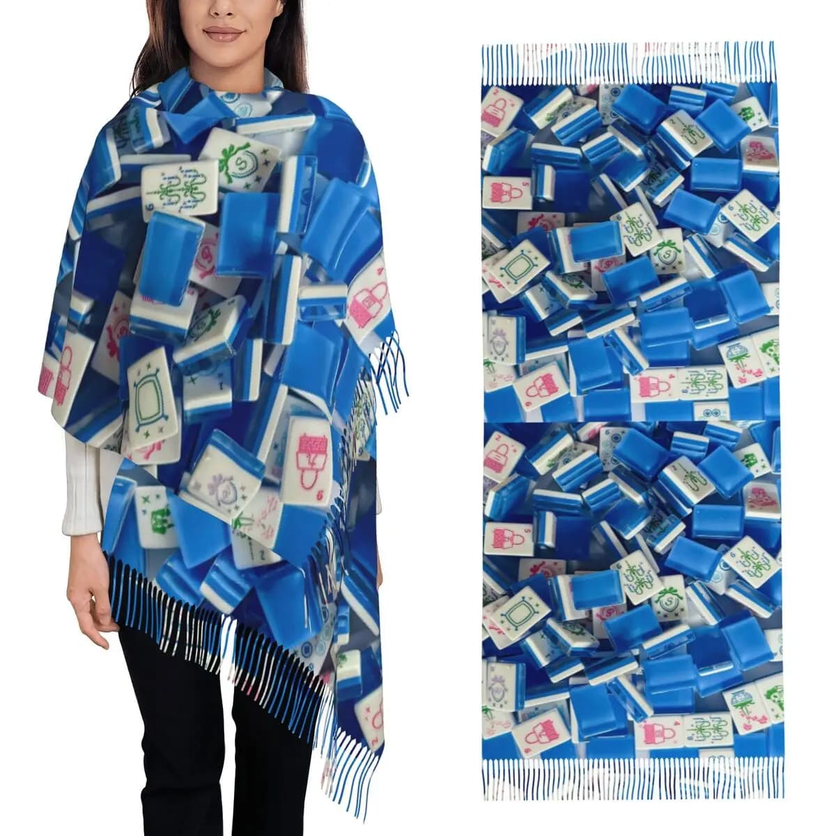 Mahjong Tile Pattern Scarf Tassel Scarves for Women Soft Warm Shawls and Wraps Long Fall Winter Shawl Wrap
