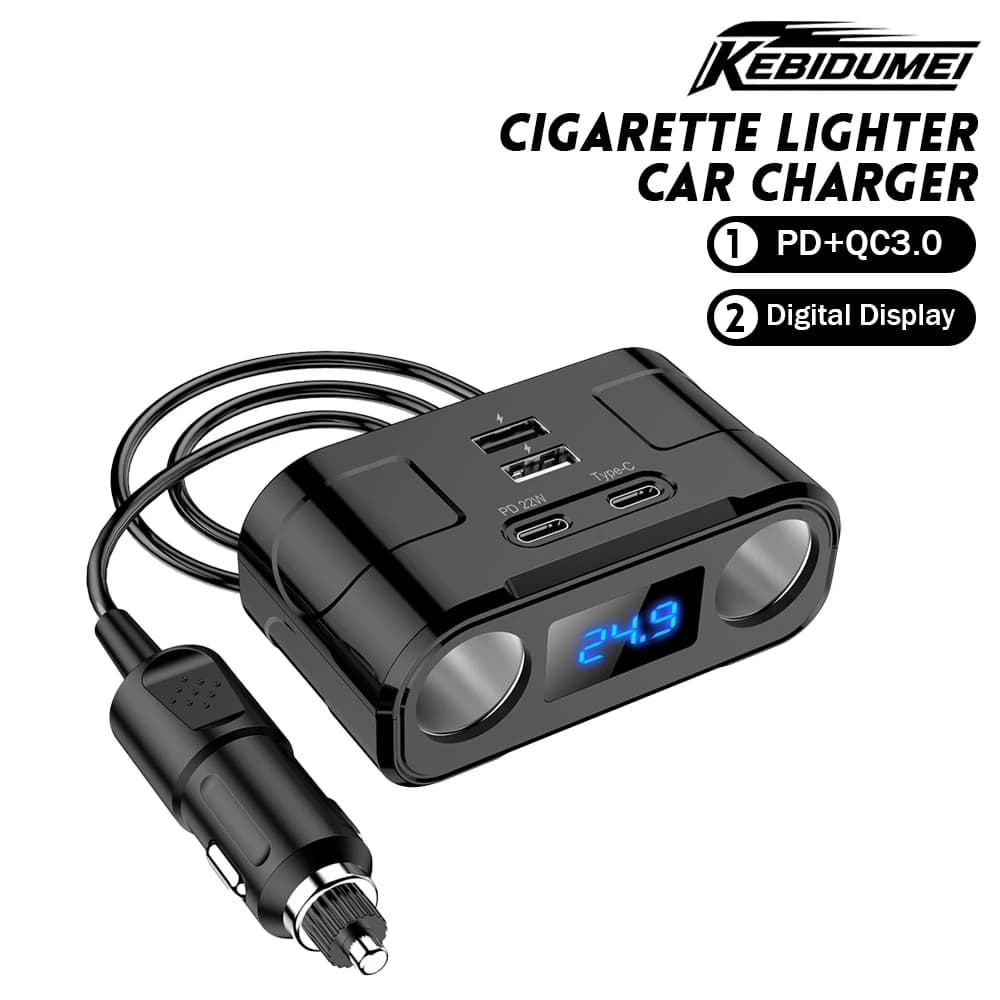 KEBIDUMEI 6in1 Splitter QC3.0 + PD Car Charger Digital Display Phone Charger 12V-24V 60W Car Accessories Adapter