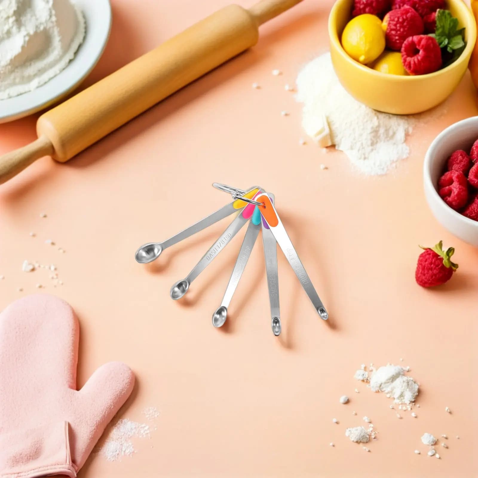 Set di 5 Mini Cucchiai Dosatori in Acciaio Inox con Impugnatura Colorata, Cucchiai di Precisione per Cucina e Pasticceria, Piccoli Cucchiai per Spezie