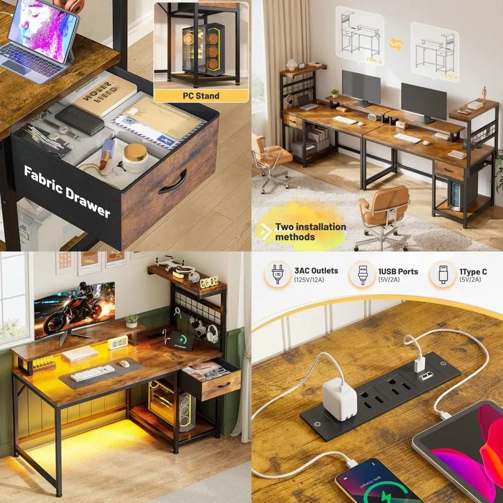 Gaming desk with 40 LEDs, Current sockets, Storage and Monitor Support - Ideal for Home Office, Living or Rustic Style Games Rooms