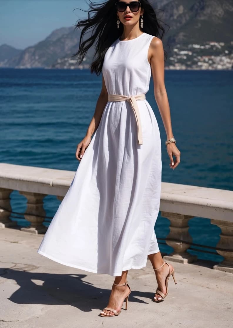 Women's White Sleeveless Linen Midi Dress - Belted Waist Loose Fit Summer Dress
