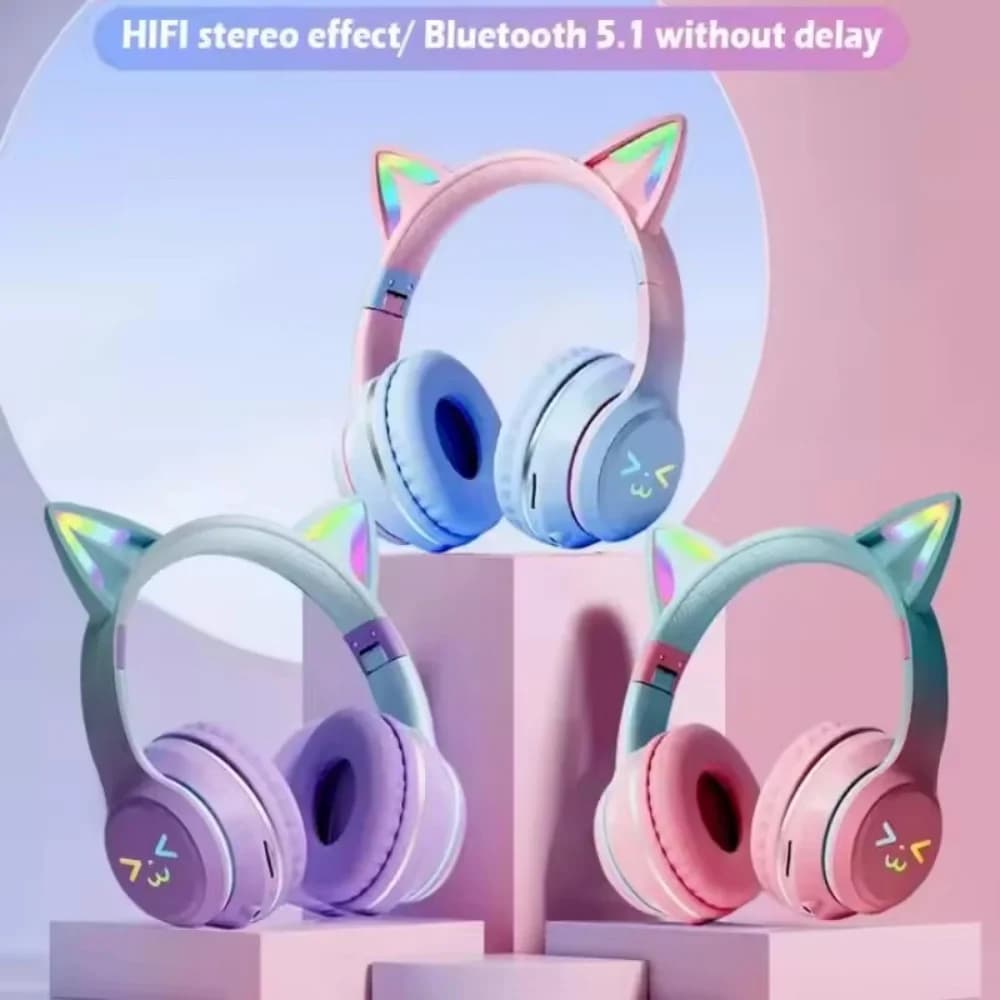 Cuffie wireless sfumate RGB simpatico orecchio di gatto Auricolari Bluetooth con microfono Musica stereo Gioco Auricolare Ragazze Regali per bambini