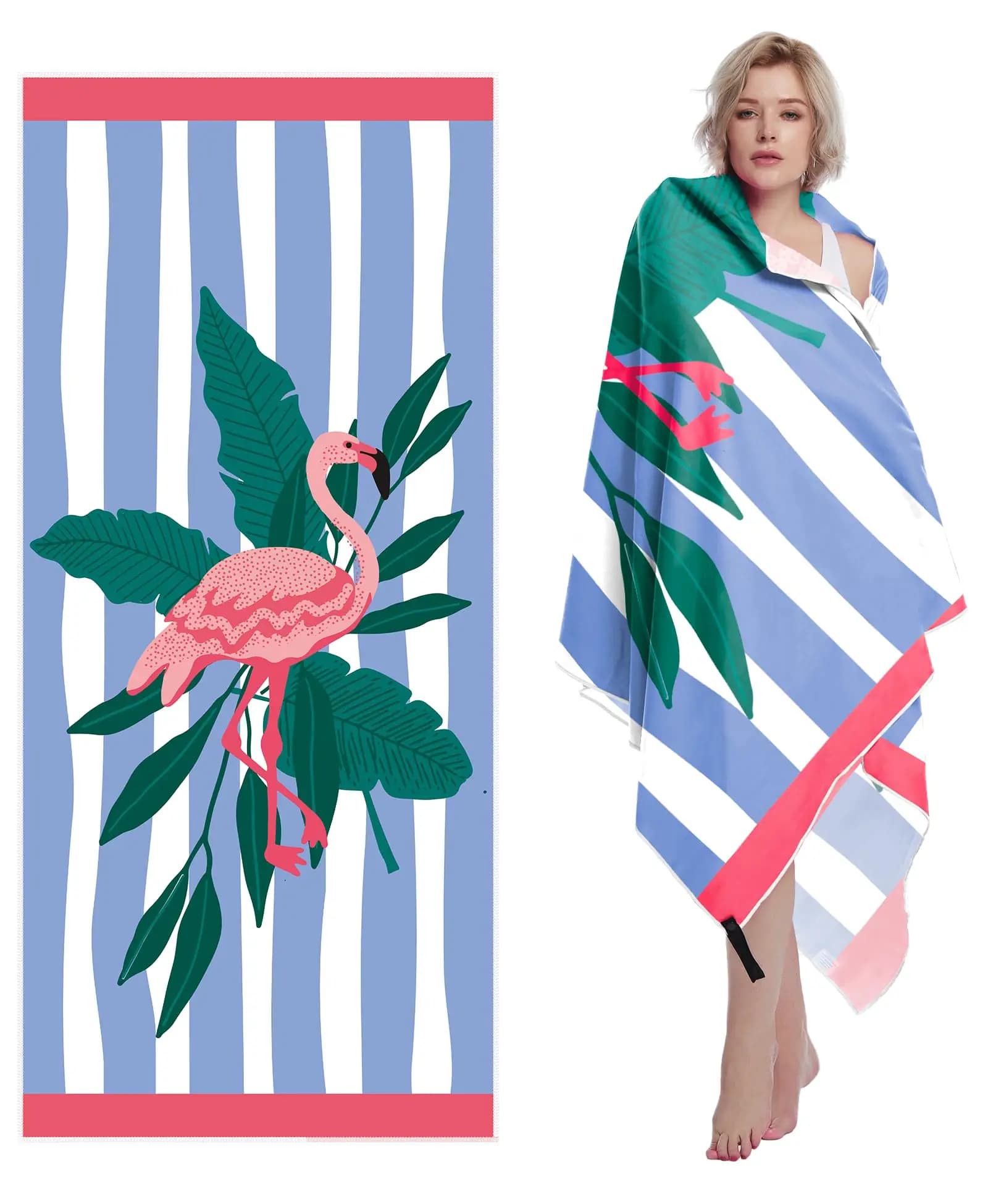 Telo Mare Oversize a Righe Blu e Bianche con Fenicottero Rosa, Asciugatura Rapida, in Microfibra Leggera, per Viaggi e Piscina, per Adulti