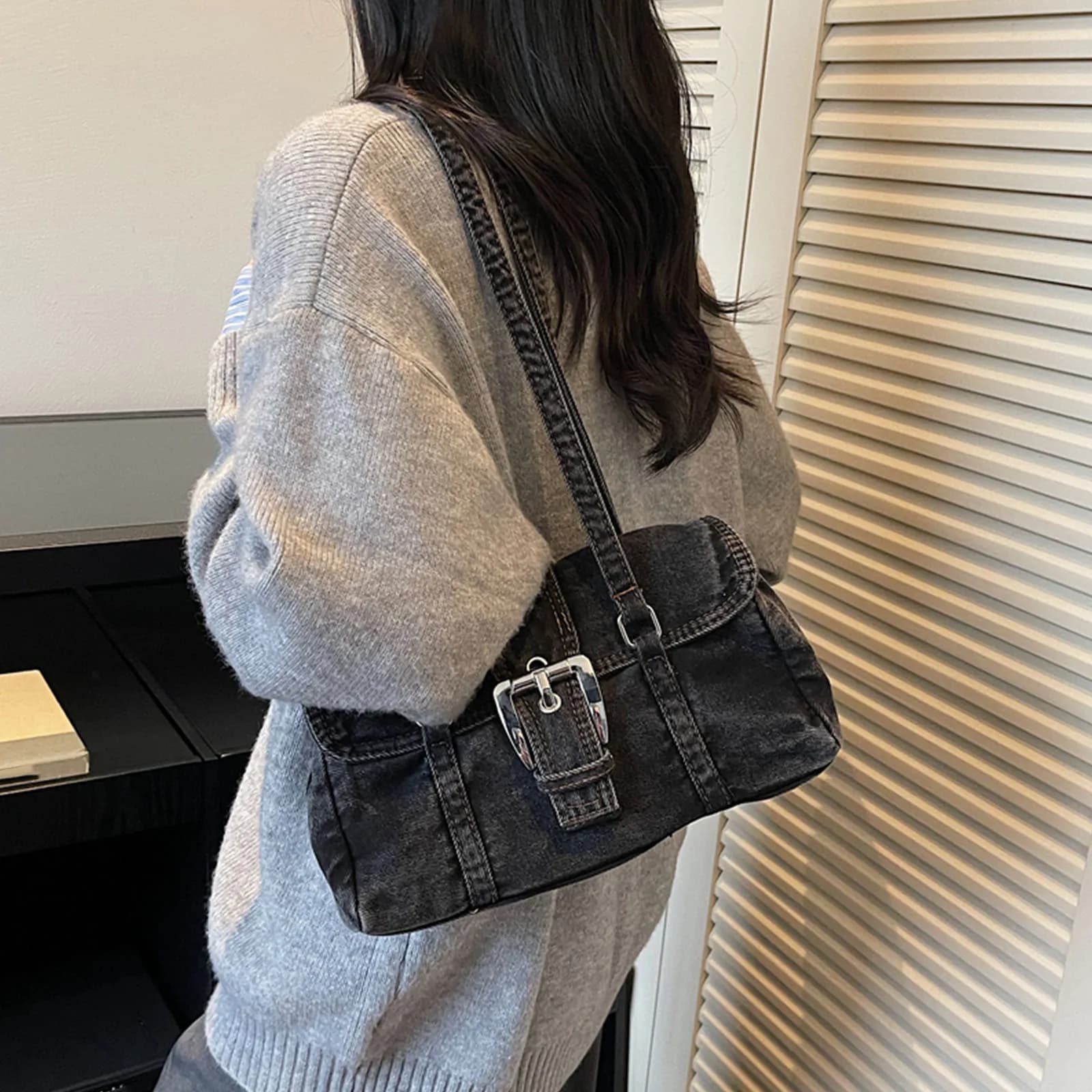 Borsa a Tracolla in Denim Tinta Unita con Manico Superiore, Borse a Spalla Quadrate per Donne, per Viaggi, Shopping e Uso Quotidiano