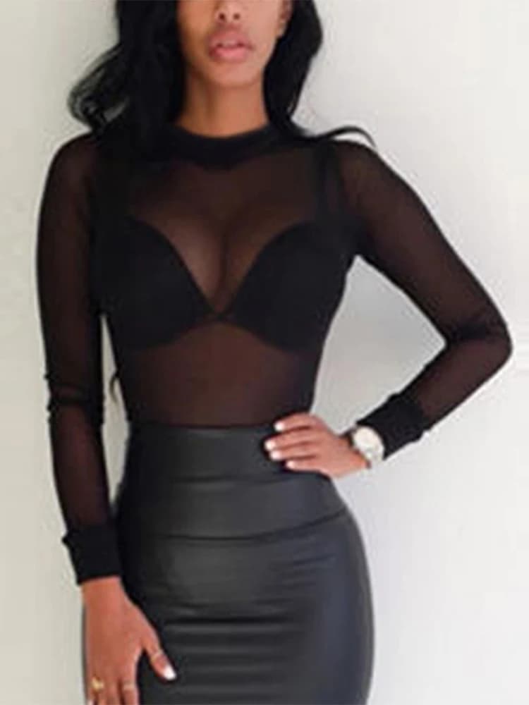 T-shirt sexy da donna Vedi attraverso top in rete trasparente T-shirt dolcevita da donna slim velata a maniche lunghe