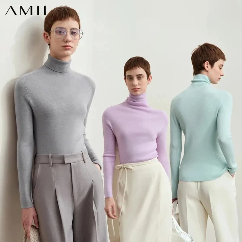 Amii Minimalism 2026 Winter New Turtleneck Knitted Tops for Woman Worsted Wool Sweaters Casual Fashion Women's Sweater 12423120