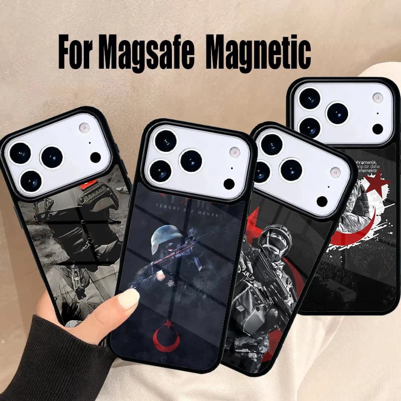 Cover per iPhone con Bandiera Turca e Soldato, Compatibile con MagSafe Wireless Magnetico per iPhone 17 Air 16e 15 14 13 12 11 Pro Max Plus